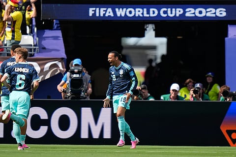 Germany's Leroy Sane celebrates scoring his side's opening goal during the World Cup Group E soccer match between Ecuador and Germany in East Rutherford, N.J., near New York, Thursday, June 25, 2026.
