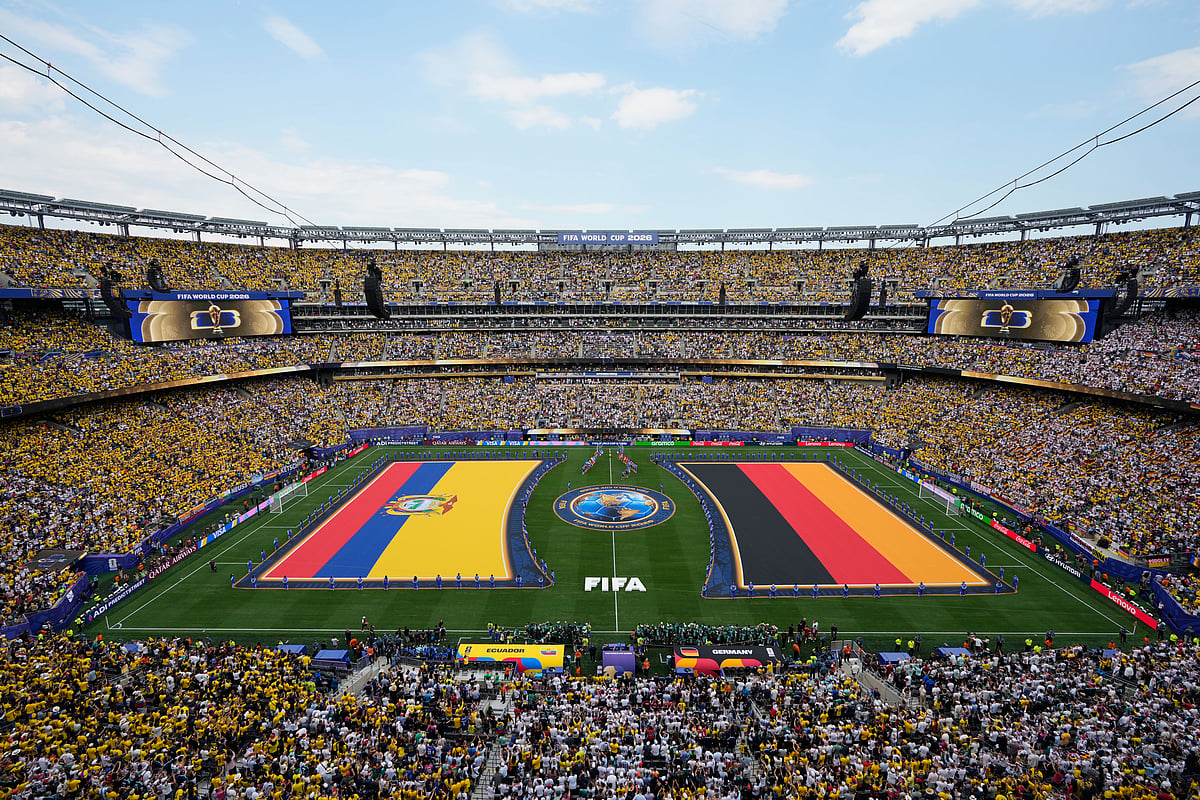 The flags of Ecuador, left, and Germany are unfurled on the field during ceremonies before the start of the World Cup Group E soccer match in East Rutherford, N.J., near New York, Thursday, June 25, 2026. - (AP Photo/Seth Wenig)
