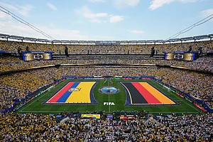 (AP Photo/Seth Wenig) : The flags of Ecuador, left, and Germany are unfurled on the field during ceremonies before the start of the World Cup Group E soccer match in East Rutherford, N.J., near New York, Thursday, June 25, 2026.