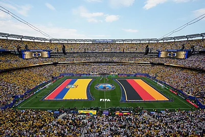 (AP Photo/Seth Wenig) : The flags of Ecuador, left, and Germany are unfurled on the field during ceremonies before the start of the World Cup Group E soccer match in East Rutherford, N.J., near New York, Thursday, June 25, 2026.