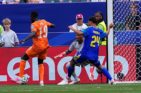 Ivory Coast's Nicolas Pepe (19) scores during the World Cup Group E soccer match between Curacao and Ivory Coast in Philadelphia, Thursday, June 25, 2026.
