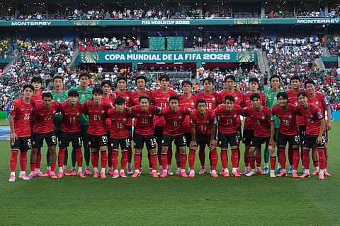 South Korea's players line up during the World Cup Group A soccer match between South Africa and South Korea in Guadalupe, near Monterrey, Mexico, Wednesday, June 24, 2026.