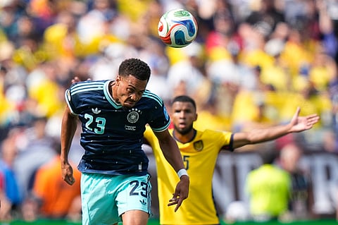 Germany's Felix Nmecha heads the ball during the World Cup Group E soccer match between Ecuador and Germany in East Rutherford, N.J., near New York, Thursday, June 25, 2026.