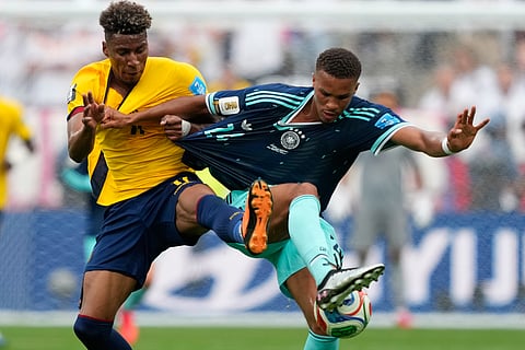 Ecuador's Kevin Rodriguez, left, and Germany's Malick Thiaw battle for the ball during the World Cup Group E soccer match in East Rutherford, N.J., near New York, Thursday, June 25, 2026.