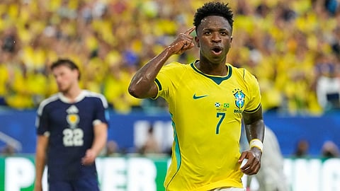 Brazil's Vinicius Junior (7) celebrates after scoring his side's second goal during the World Cup Group C soccer match between Scotland and Brazil in Miami Gardens, Fla., Wednesday, June 24, 2026.