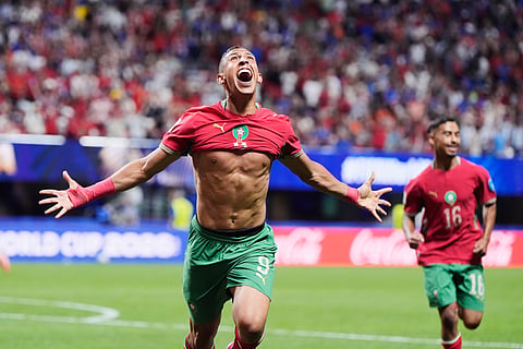 Morocco's Soufiane Rahimi (9) celebrates after scoring their third goal during the World Cup Group C soccer match between Morocco and Haiti in Atlanta, Wednesday, June 24, 2026.