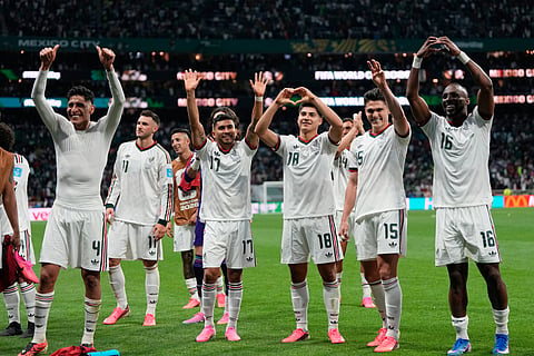 Players of Mexico celebrate after beating Czechia in a World Cup Group A soccer match in Mexico City, Wednesday, June 24, 2026.