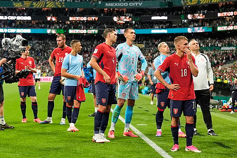 Czech players react following the World Cup Group A soccer match between Czechia and Mexico in Mexico City, Wednesday, June 24, 2026.