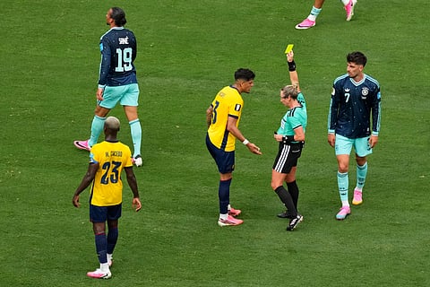 Ecuador's Piero Hincapie (3) reacts as he is issued a yellow card during the World Cup Group E soccer match against Germany in East Rutherford, N.J., near New York, Thursday, June 25, 2026.