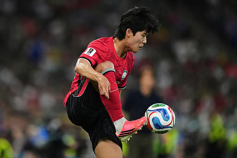 South Korea's Seol Young-woo (22) controls the ball during the World Cup Group A soccer match between South Africa and South Korea in Guadalupe, near Monterrey, Mexico, Wednesday, June 24, 2026.