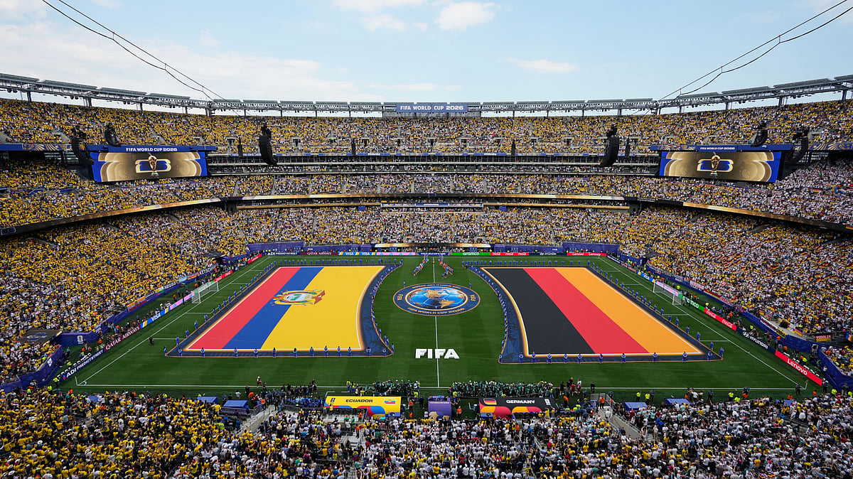 The flags of Ecuador, left, and Germany are unfurled on the field during ceremonies before the start of the World Cup Group E soccer match in East Rutherford, N.J., near New York, Thursday, June 25, 2026. - (AP Photo/Seth Wenig)