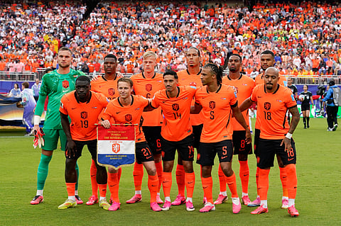 Netherlands players pose before the World Cup Group F soccer match between Tunisia and the Netherlands in Kansas City, Mo., Thursday, June 25, 2026. 