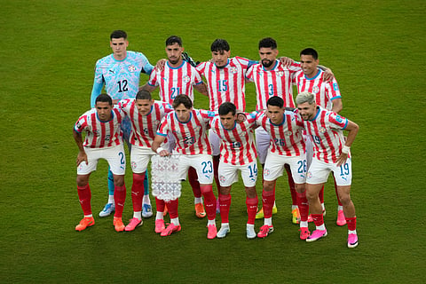 Paraguay poses for a team photo during the World Cup Group D soccer match between Paraguay and Australia in Santa Clara, Calif., near San Francisco, Thursday, June 25, 2026.