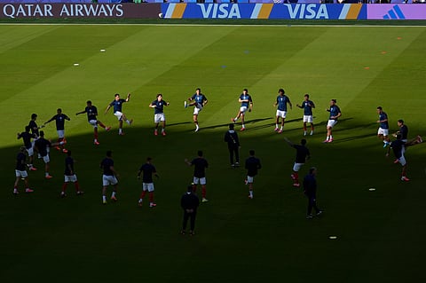 Paraguay players warm up during the World Cup Group D soccer match between Paraguay and Australia in Santa Clara, Calif., near San Francisco, Thursday, June 25, 2026.