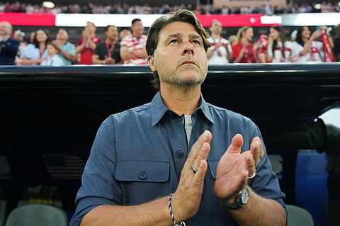 United States head coach Mauricio Pochettino stands on the bench prior to the World Cup Group D soccer match between Turkey and the United States in Inglewood, Calif., near Los Angeles, Thursday, June 25, 2026.