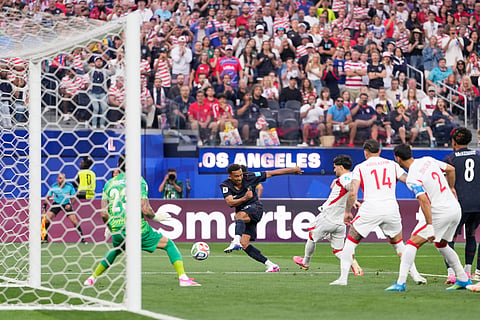 United States' Auston Trusty scores his side's opening goal during a World Cup Group D soccer match against Turkey in Inglewood, Calif., near Los Angeles, Thursday, June 25, 2026.