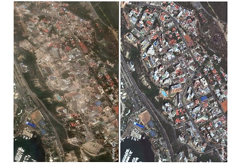 These images provided Vantor show before and after earthquakes hit on June 24, 2026 in Playa Grande, Venezuela. At right are buildings and at left shows collapsed buildings in the day after earthquakes, on Thursday, June 25, 2026. 