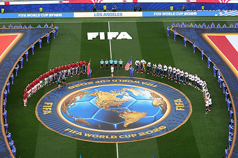 The United States and Turkey pause on the pitch during opening festivities prior to a World Cup Group D soccer match in Inglewood, Calif., near Los Angeles, Thursday, June 25, 2026.