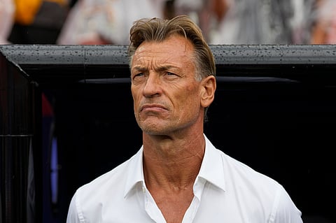 Tunisia head coach Hervé Renardlooks on during the national anthem before the World Cup Group F soccer match between Tunisia and the Netherlands in Kansas City, Mo., Thursday, June 25, 2026.
