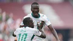 Senegal's Pape Gueye, right, and Sadio Mane (10) celebrate their third goal during the World Cup Group I soccer match between Senegal and Iraq in Toronto, Friday, June 26, 2026. - (AP Photo/Stephanie Scarbrough)
