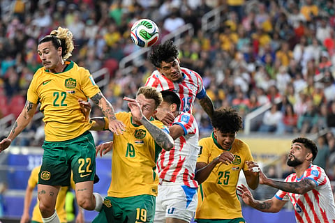 Paraguay's Gustavo Gomez (15) heads the ball during the World Cup Group D soccer match between Paraguay and Australia in Santa Clara, Calif., near San Francisco, Thursday, June 25, 2026.
