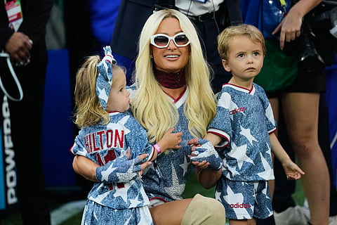 Paris Hilton smiles on the pitch prior to the World Cup Group D soccer match between Turkey and the United States in Inglewood, Calif., near Los Angeles, Thursday, June 25, 2026.