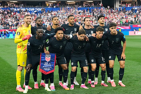 United States team pose for a group photo prior to the World Cup Group D soccer match against Turkey in Inglewood, Calif., near Los Angeles, Thursday, June 25, 2026.