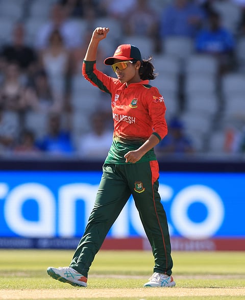 Bangladesh's Rabeya Khan celebrates taking the wicket of India's Richa Ghosh lbw during the ICC Women's T20 World Cup cricket match between India and Bangladesh in Manchester, England.