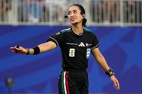 Referee Katia Itzel Garcia of Mexico reacts during the World Cup Group F soccer match between Tunisia and the Netherlands in Kansas City, Mo., Thursday, June 25, 2026.