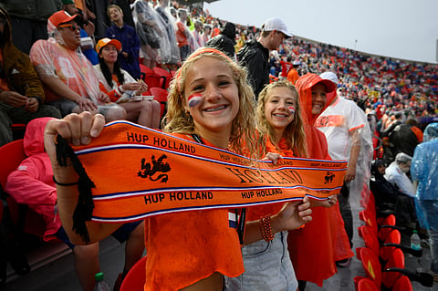 Netherlands fan celebrate during the World Cup Group F soccer match between Tunisia and the Netherlands in Kansas City, Mo., Thursday, June 25, 2026.