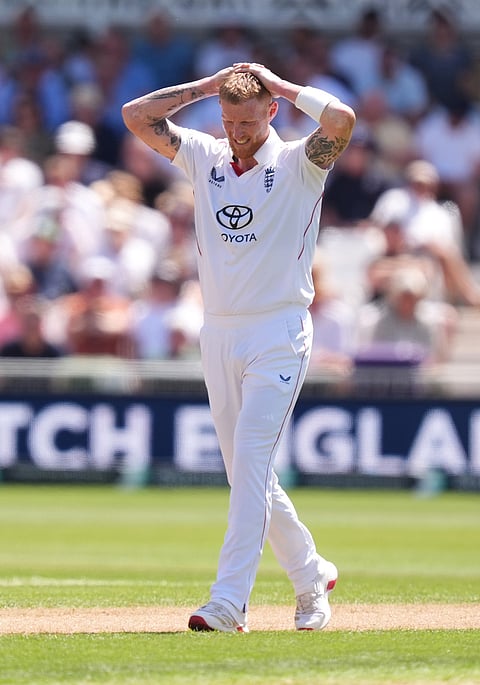 England's Ben Stokes gestures, during day one of the Third Test cricket match between England and New Zealand, in Nottingham, England.
