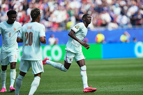 France's Ousmane Dembele celebrates after scoring his side's second goal during the World Cup Group I soccer match