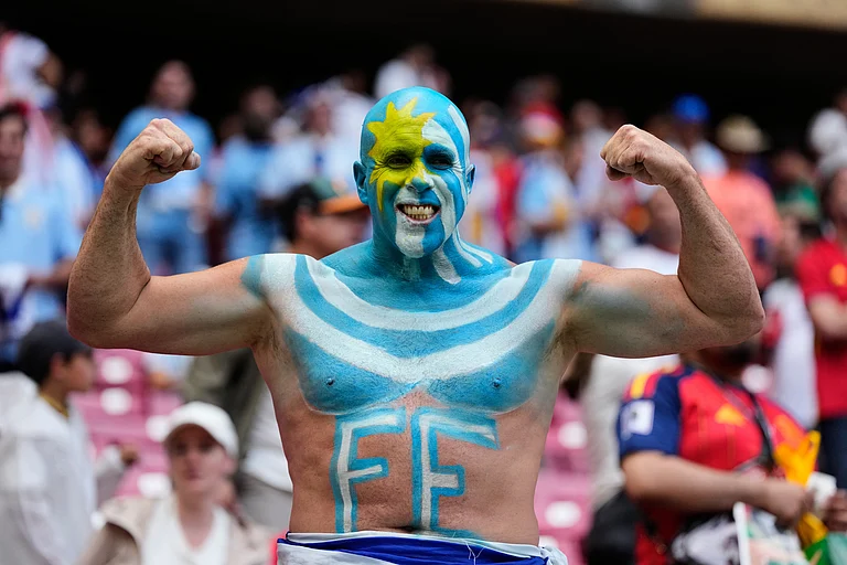 A fan of Uruguay poses prior to the World Cup Group H soccer match between Uruguay and Spain in Zapopan, near Guadalajara - AP/Natacha Pisarenko