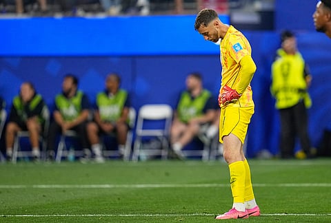 United States goalkeeper Matt Turner (1) reacts following the World Cup Group D soccer match between Turkey and the United States in Inglewood, California, near Los Angeles.