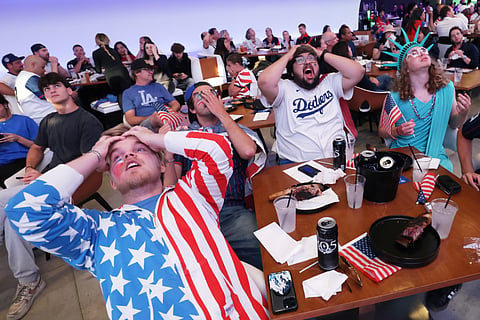 Fans react during a watch party of the World Cup Group D soccer match between Turkey and the United States in Inglewood, Calif., near Los Angeles, Thursday, June 25, 2026.
