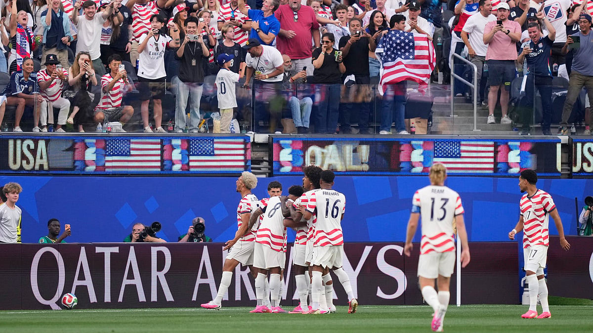 USA players celebrate after their first goal during the World Cup Group D soccer match between the United States and Paraguay in Inglewood, Calif., near Los Angeles, Friday, June 12, 2026. - AP Photo/Mark J. Terrill