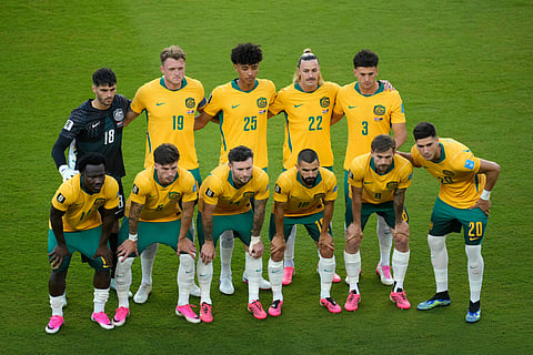 Australia poses for a team photo during the World Cup Group D soccer match between Paraguay and Australia in Santa Clara, Calif., near San Francisco, Thursday, June 25, 2026.