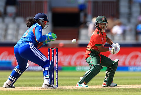 Bangladesh's Sobhana Mostary, right, batting during the ICC Women's T20 World Cup cricket match between India and Bangladesh in Manchester, England.
