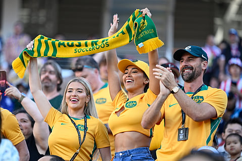 Australia fans cheer before the World Cup Group D soccer match between Paraguay and Australia in Santa Clara, Calif., near San Francisco, Thursday, June 25, 2026