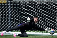 (AP Photo/Andre Penner) : United States goalkeeper Matt Freese practices during a training session ahead of a FIFA World Cup match against Turkey in Irvine, Calif., Wednesday, June 24, 2026
