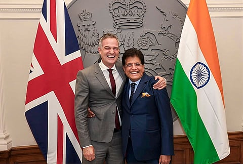 Union Commerce and Industry Minister Piyush Goyal with his British counterpart Peter Kyle during his three-day official visit to the United Kingdom, in London. 
