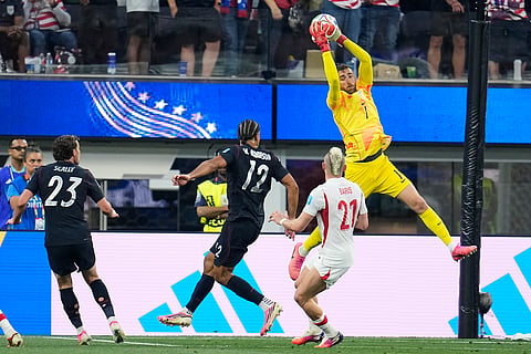 United States goalkeeper Matt Turner (1) takes the ball during the World Cup Group D soccer match between Turkey and the United States in Inglewood, Calif., near Los Angeles, Thursday, June 25, 2026.