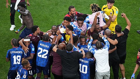 Cape Verde celebrates after advancing during the World Cup Group H soccer match between Cape Verde and Saudi Arabia in Houston, Friday, June 26, 2026.