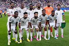 Saudi Arabia starting players pose for a group photo prior to a World Cup Group H soccer match between Cape Verde and Saudi Arabia in Houston, Friday, June 26, 2026. - (AP Photo/David J. Phillip)