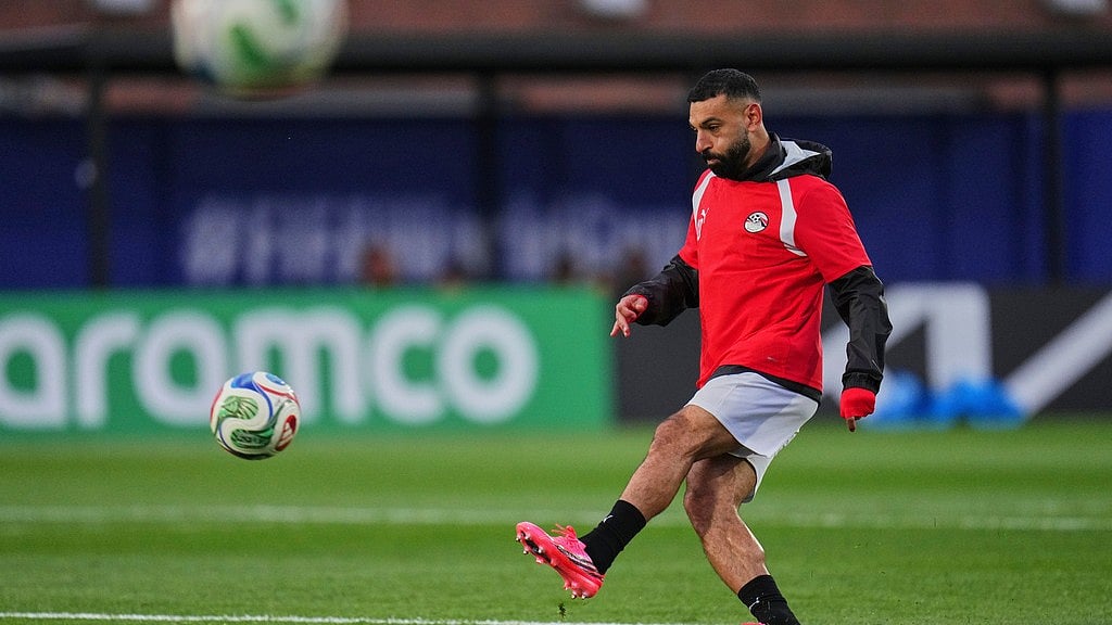Egypt's Mohamed Salah (10) kicks the ball during a training session ahead of their team's World Cup Group G soccer match against Iran in Seattle, Thursday, June 25, 2026.  - AP Photo/Manu Fernandez