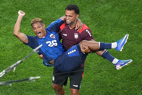 Cape Verde's Helio Varela (26) celebrates advancing during the World Cup Group H soccer match between Cape Verde and Saudi Arabia in Houston.