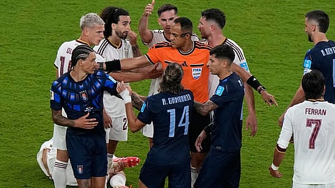 Spain and Uruguay players argue during the World Cup Group H soccer match between Uruguay and Spain in Zapopan, near Guadalajara, Mexico, Friday, June 26, 2026. 