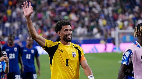 Cape Verde goalkeeper Vozinha smiles as he waves to cheering fans after the World Cup Group H soccer match between Cape Verde and Saudi Arabia in Houston, Friday, June 26, 2026.