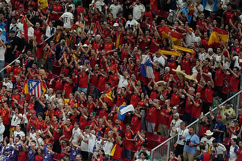 Spain fans react after the World Cup Group H soccer match between Uruguay and Spain in Zapopan, near Guadalajara, Mexico, Friday, June 26, 2026.