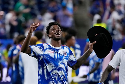Cape Verde's Diney Borges celebrates their 0-0 draw against Saudi Arabia after the World Cup Group H soccer match in Houston.
